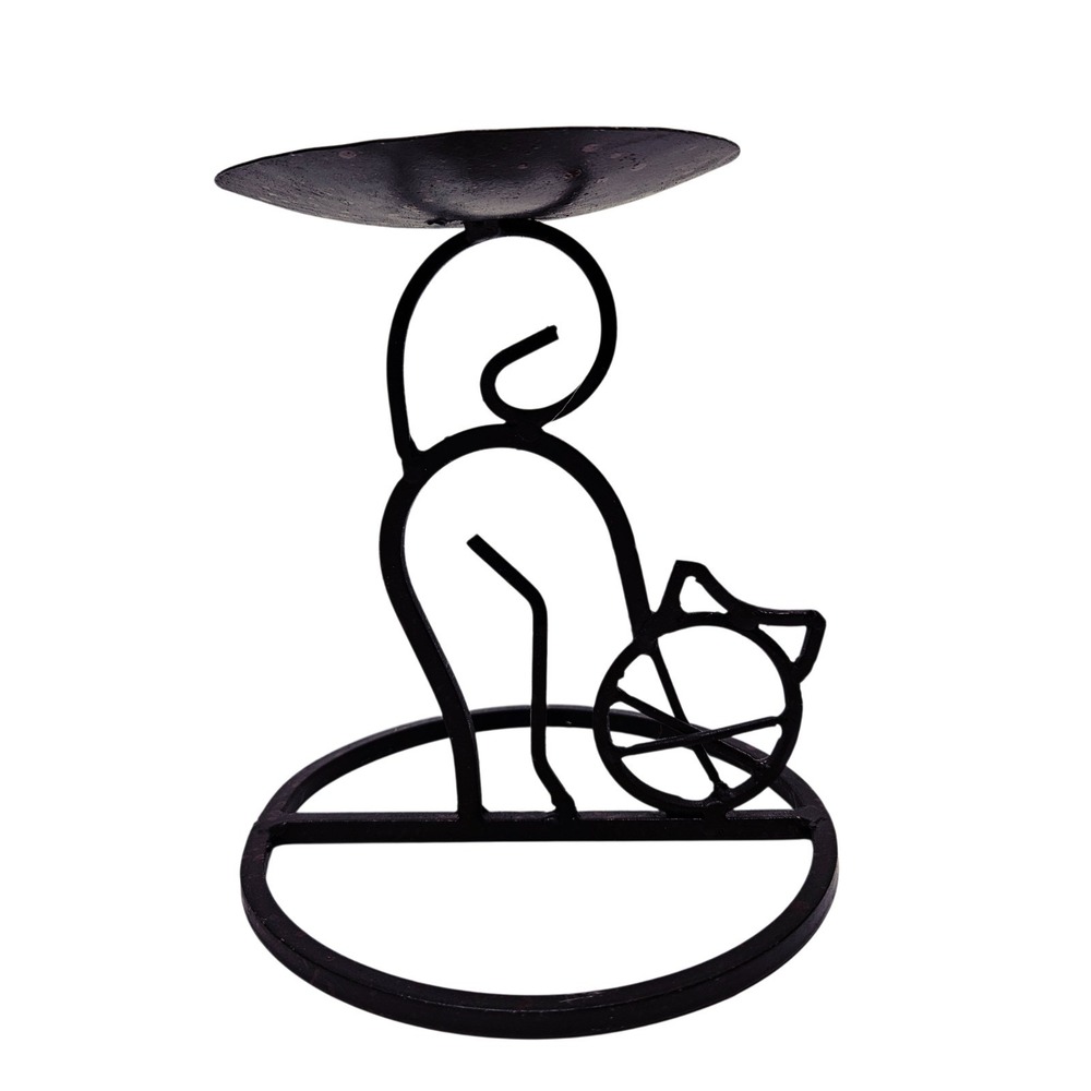 Dayton Hudson Black Wrought Iron Rustic Cat Pillar Candle Holder Minimalist MCM